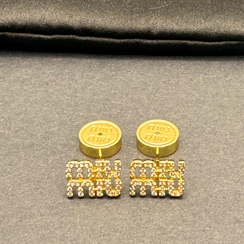 Miu Miu Gold Crystal Logo Knot Stud Earrings - Picture 3 of 3